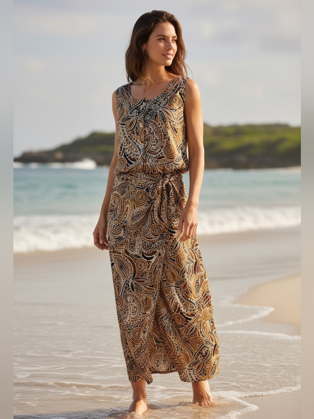 80s MAGGY LONDON SILK TRIBAL PRINT SLEEVELESS CINCH TIE WAIST MAXI DRESS SZ 14